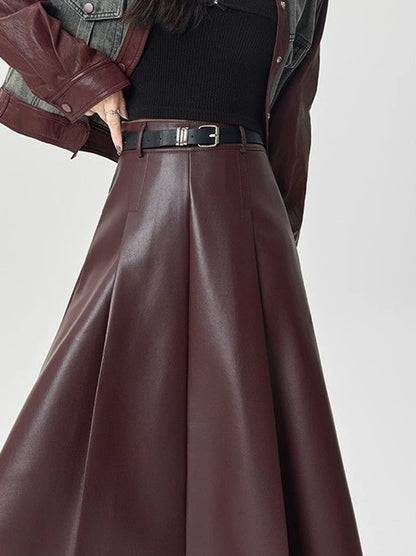 Vintage PU leather women midi skirts Y2K Autumn high waist Streetwear with belt pleated Skirt female elegant Solid A line skirts