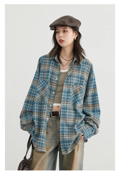 Women's Cotton Shirt Single Breasted Loose New Retro Color Blocked Grid Female Blouses Autumn Spring 2026