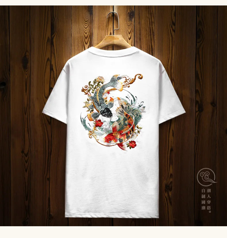 Mens Summer T Shirts Chinese Carp Embroidery T Shirt Men Vintage Graphic Tees Harajuku Cotton Casual Short Sleeve High Quality
