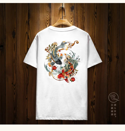 Mens Summer T Shirts Chinese Carp Embroidery T Shirt Men Vintage Graphic Tees Harajuku Cotton Casual Short Sleeve High Quality