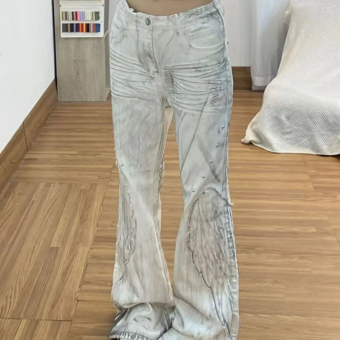 American Retro Hot Girl Tie-Dye Women's High-Waisted Bell-Bottom Pants Slim Ripped New Autumn And Winter Washed Casual Trousers