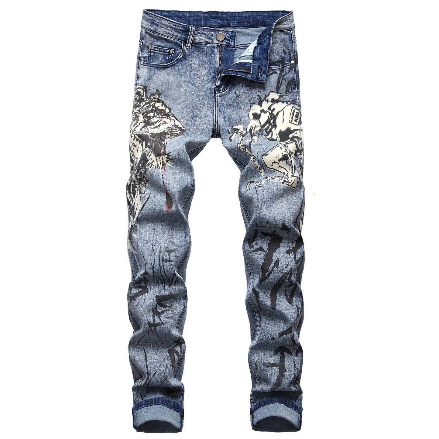 2026 Men's Blue 3D Printing Jeans, Black Wolf Pattern Printed Punk Straight Cotton Casual Print Denim Pants Asian Size 28-42