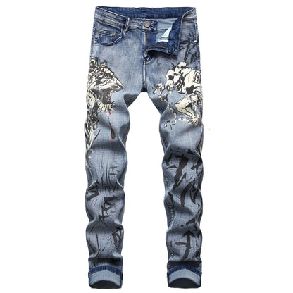 2026 Men's Blue 3D Printing Jeans, Black Wolf Pattern Printed Punk Straight Cotton Casual Print Denim Pants Asian Size 28-42