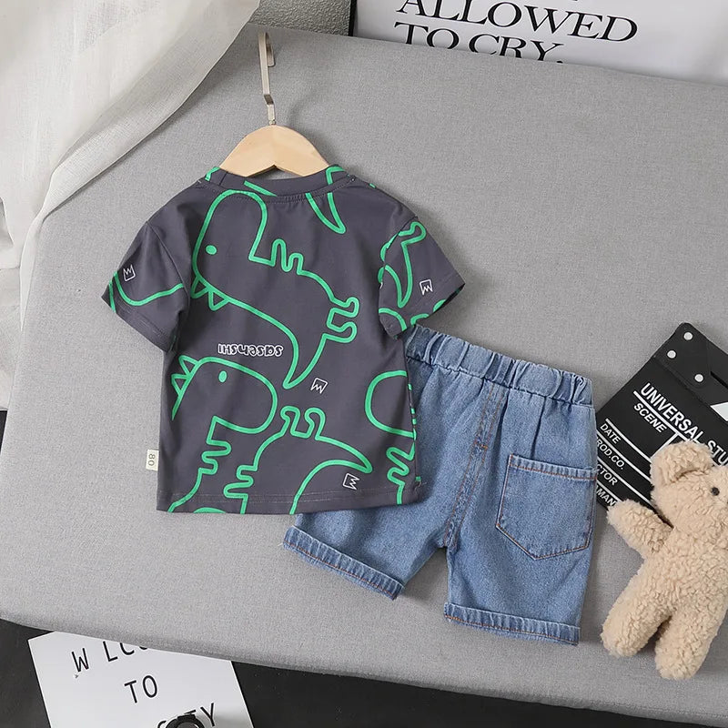 Boys Clothes Summer Fashion Crew Neck Children Tracksuit Dinosaur T-shirt Denim Shorts Suit Kids Outfit Baby Boys Set 1-5 Years