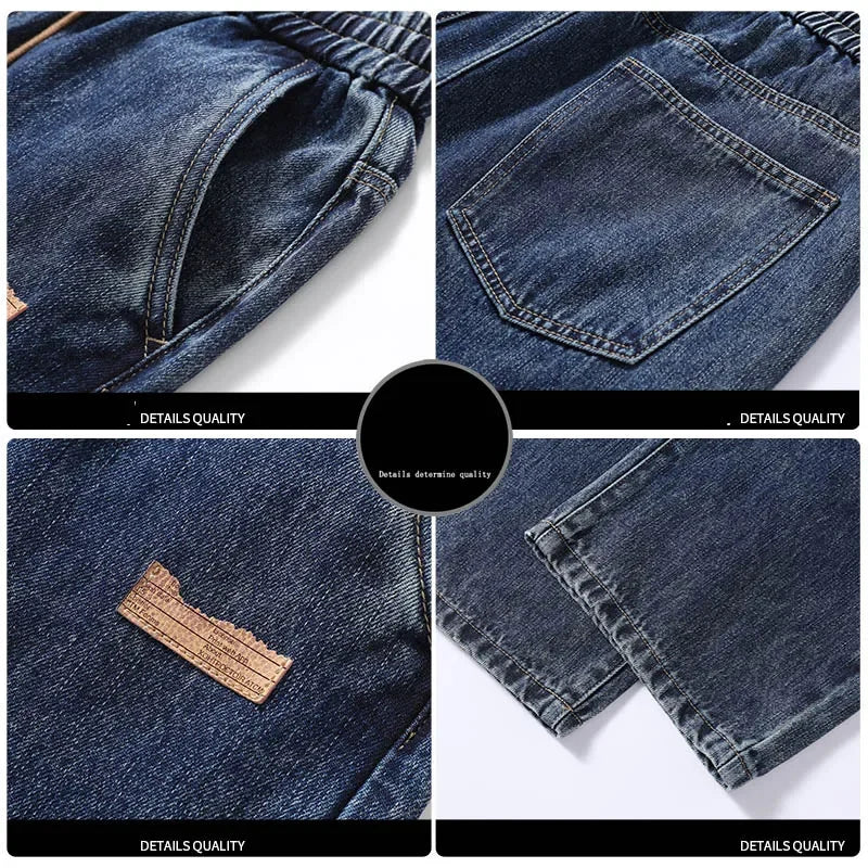Men Dark Blue Blue Stretch Elastic Waist Denim Pants Streetwear Loose Full Length Trousers Straight Wide Leg Drawstring Jeans