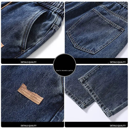 Men Dark Blue Blue Stretch Elastic Waist Denim Pants Streetwear Loose Full Length Trousers Straight Wide Leg Drawstring Jeans