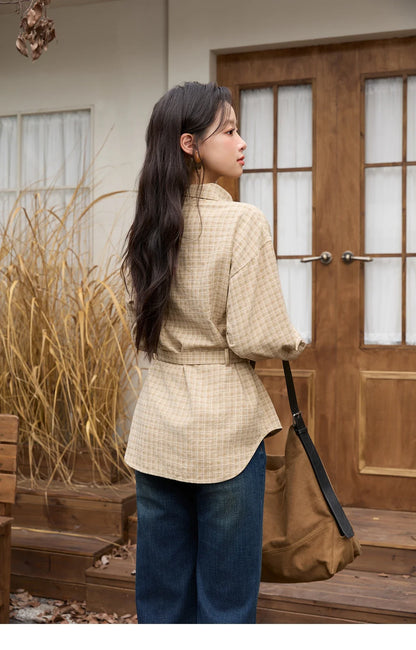 Women Casual Shirt 2025 Autumn Winter Fashion Belt Design Asymmetrical Retro Long Sleeves Shirt Women Clothes MXE88C2417