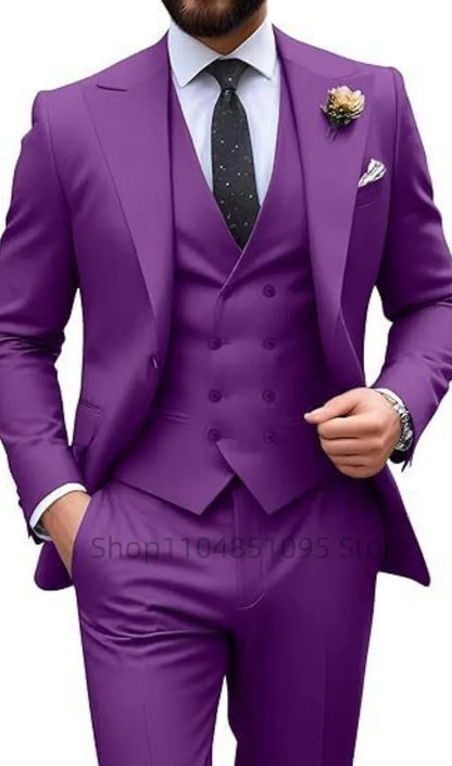 Men's Solid Color Slim Fit Formal Business Suit Wedding 3-Piece Set with Peak Lapel Blazer Vest And Trousers for Party Prom