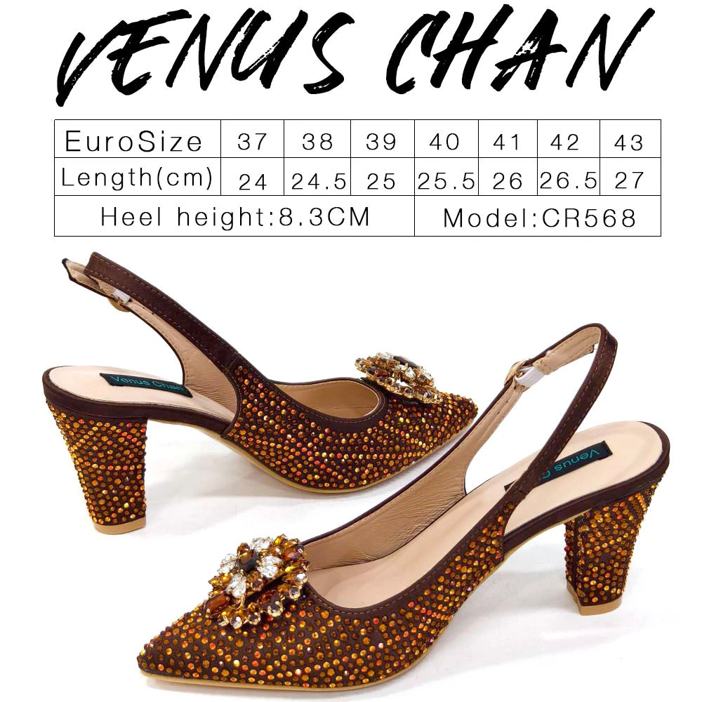 Elegant Woman Heel Shoes INS Style Pointed-Toe Rhinestone Pumps African Ladies Italian Shoe and Bag Set Designer 2024