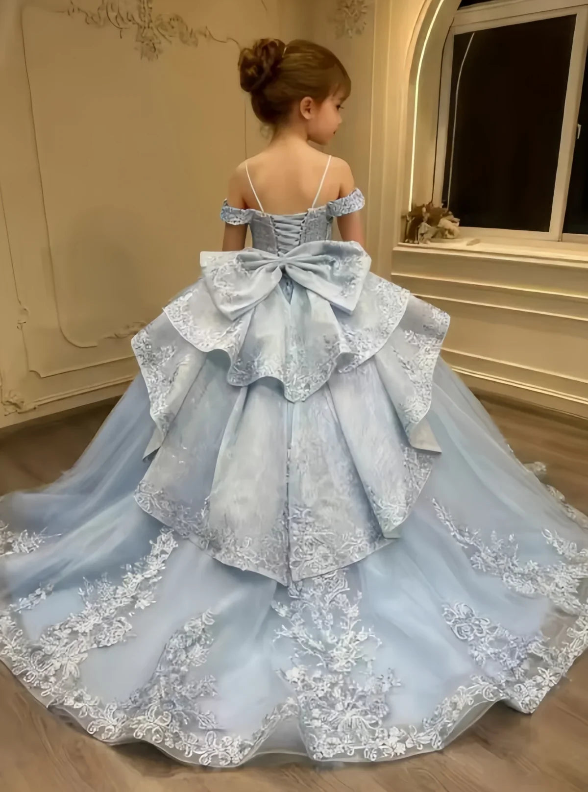 Beaded Ruffles Lace Applique Bow Off Shoulder Flower Girl Dress for Girls Pageant Dress Girls Ball Gown Birthday Customized