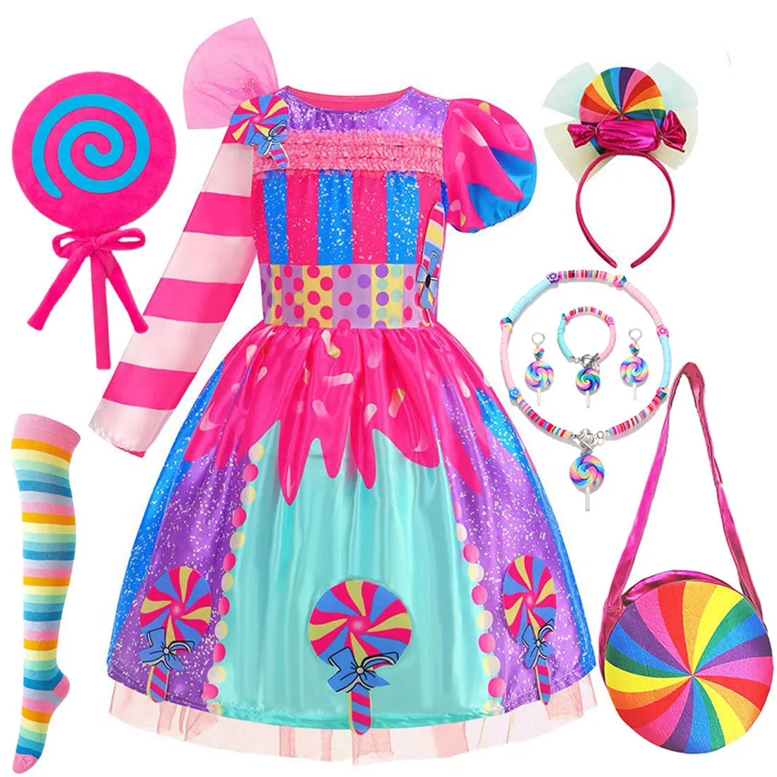Girls Candy Fairy Lollipop Cosplay Costume Toddler Carnival Purim Rainbow Vestidos Girls Birthday Party Long Short Sleeves Dress