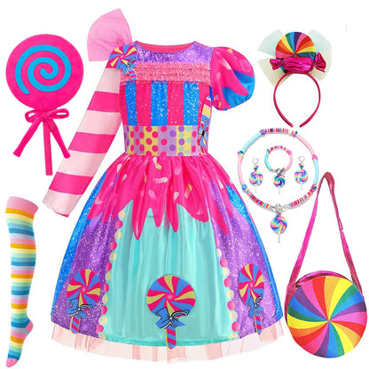 Girls Candy Fairy Lollipop Cosplay Costume Toddler Carnival Purim Rainbow Vestidos Girls Birthday Party Long Short Sleeves Dress