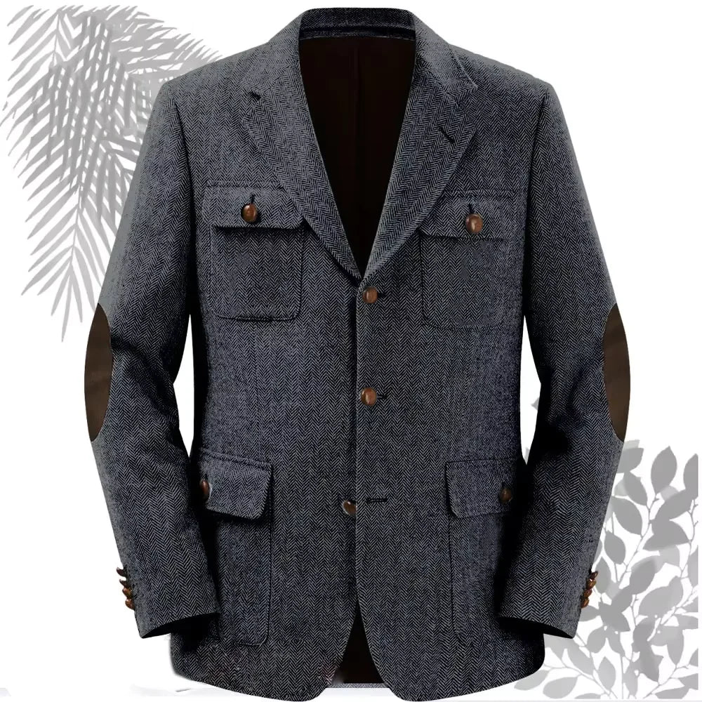 Autumn Winter Multi-Pocket Hunting Jacket Herringbone Tweed Men's Sporty Formal Blazers Suit Vintage Elegance Menswear 2025 NEW
