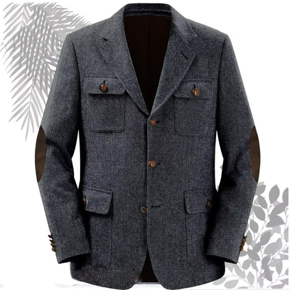 Autumn Winter Multi-Pocket Hunting Jacket Herringbone Tweed Men's Sporty Formal Blazers Suit Vintage Elegance Menswear 2025 NEW