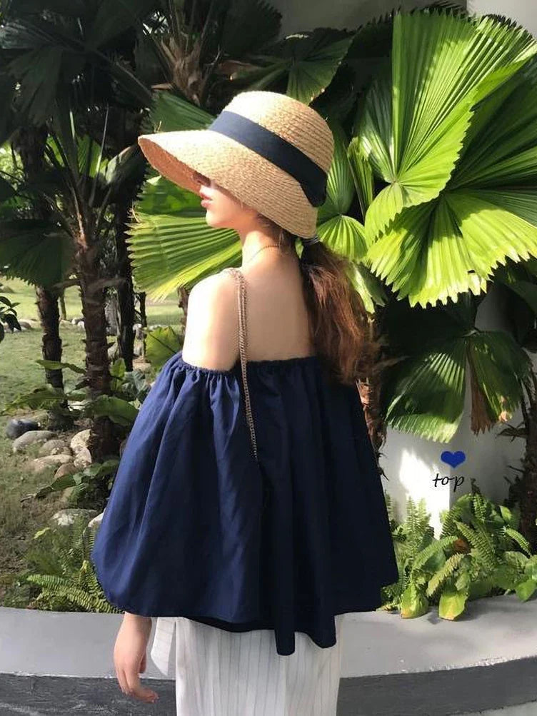Holiday Beach Youth Off Shoulder Blouses Tops Korean Fashion Puff Sleeve Shirt Summer Elegant Tees Dongdaemun Backless 2024 New