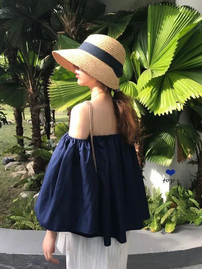 Holiday Beach Youth Off Shoulder Blouses Tops Korean Fashion Puff Sleeve Shirt Summer Elegant Tees Dongdaemun Backless 2024 New