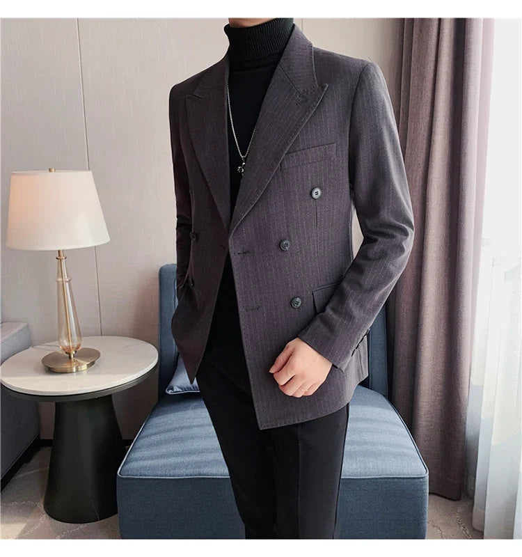 Classic Luxury Striped Men Suit Jacket Fashion Double Breasted Business Office Wedding Tuxedos Male High Quality Slim Fit Blazer