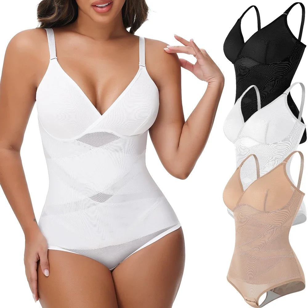Cross Waist Tummy Control Body Shaping Bodysuit for Women Full Body Control V-Neck Mesh Breathable Briefs Underwear Butt Lifter