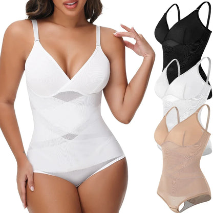 Cross Waist Tummy Control Body Shaping Bodysuit for Women Full Body Control V-Neck Mesh Breathable Briefs Underwear Butt Lifter