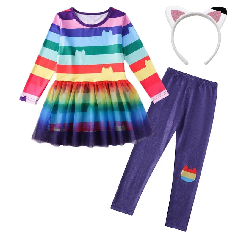 Cartoon Kids Girls Rainbow Dresses+Pants Sets Children Halloween Easter Cats Carnival Cosplay Costume Birthday Party 3-10 Year