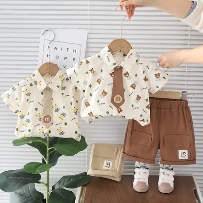 Summer Baby Boys Clothes Suit Children Casual Cartoon Bear Tie Shirt Shorts 2Pcs/Sets Kids Outfits Toddler Costume Clothing 1-5y