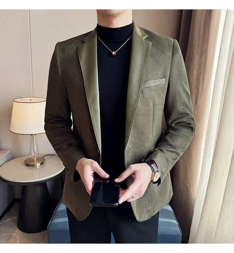 High Quality Deerskin Velvet Splicing Leather Collar Suit Blazers Men Casual Business Slim Coats Mens Social Wedding Clothing