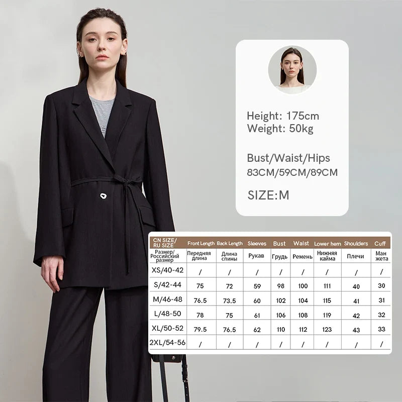 Office Lady Solid Blazers 2025 Autumn New Long Sleeves Loose Coat Notched Business Jacket Belt Women's Clothing 12543025