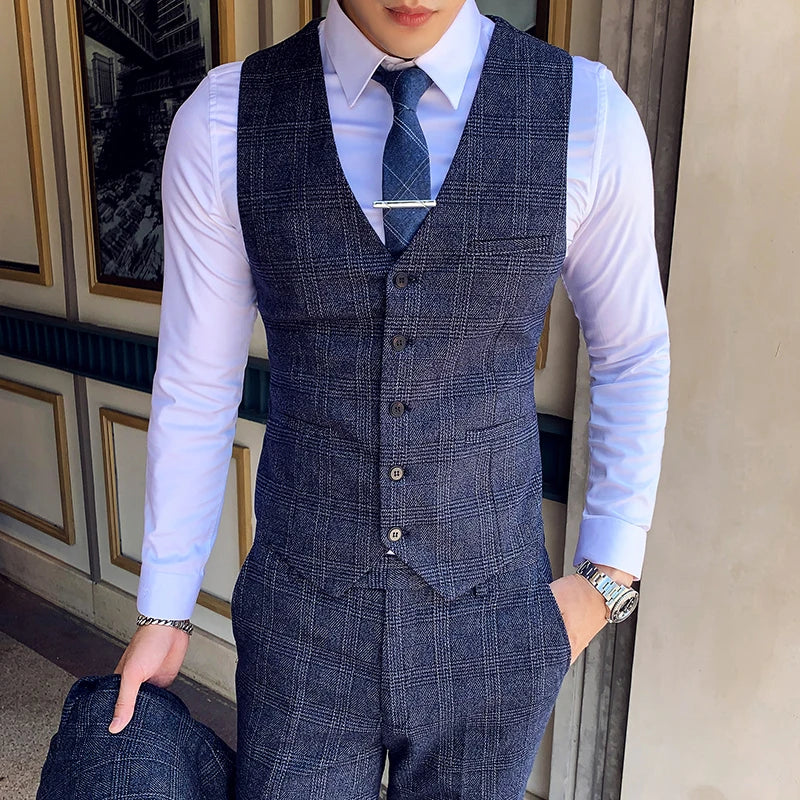 Coffee Brown Men Striped Plaid 3-Piece, Dark Blue Wedding Party Slim Fit Blazers Jacket and Vest with Pants, Asian Size M-5XL