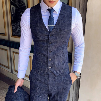 Coffee Brown Men Striped Plaid 3-Piece, Dark Blue Wedding Party Slim Fit Blazers Jacket and Vest with Pants, Asian Size M-5XL