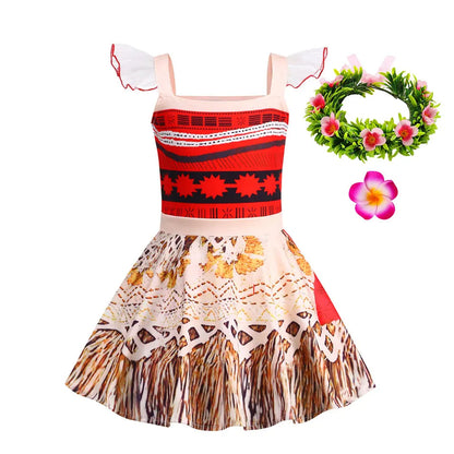 2024 Little Girl Casual Moana Dress Role Playing Ocean Adventure 2 Fancy Vaiana Halloween Princess Costume Summer Clothing Frock