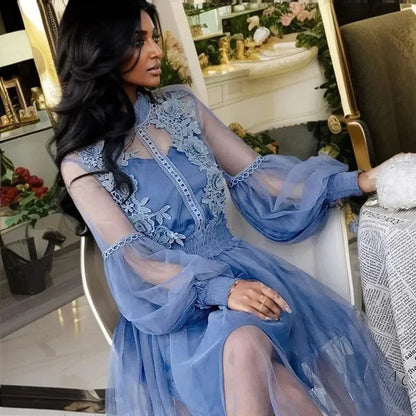 Lace Flower Mesh Summer Dress Women Lantern Sleeve White Casual Dresses Female Party Vintage Slim Women Dress 2 Piece Sets 12041