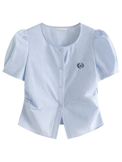 Light Blue Striped All-Match Casual Shirt For Women 2024 Summer Short Sleeve New Design Slim Female Shirt 24FS12268