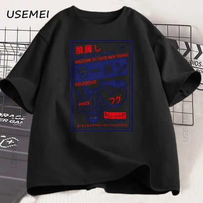 Vintage Fugu Puffer Fish Ramen T-Shirts Japanese Style Cotton Short Sleeve T Shirt Summer Crewneck Loose Tshirt Mens Clothing