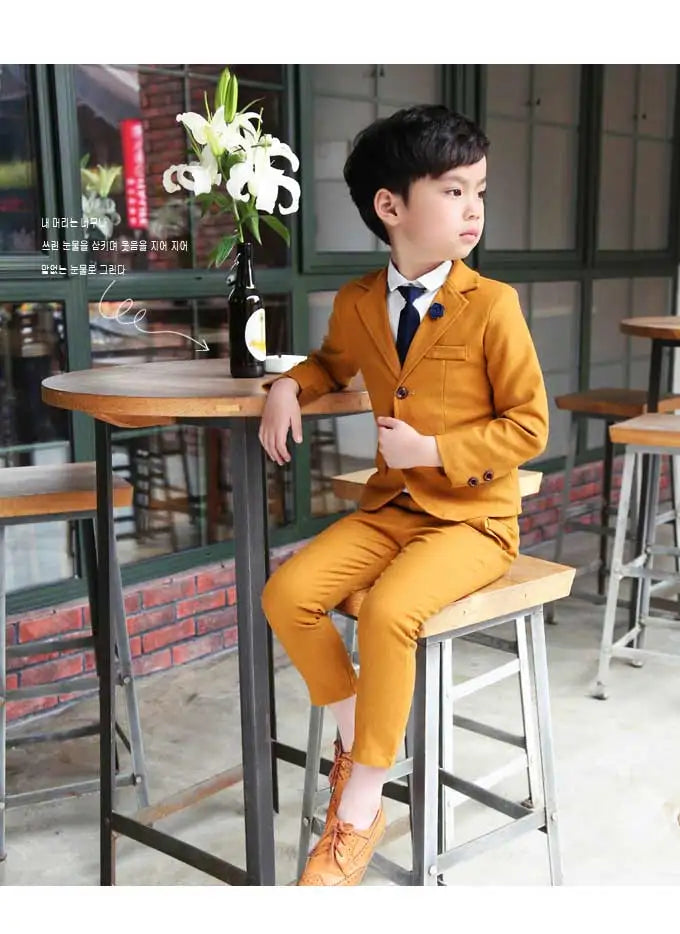 Flower Boys Orange Dress Kids Slim Blazers + Pants 2PCS Party Wedding Suit Children Photography Clothing Set Gentle Prom Costume