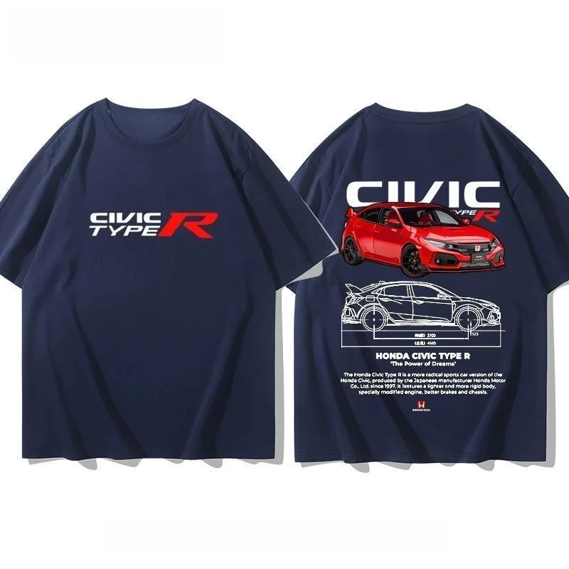 Honda Civic Motorcycle Short-sleeved Classic Modified Car Culture JDM Car Racing Fan T-shirt Club Men's Top