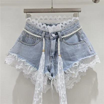 2026 Summer Denim Shorts New Splicing Hook Flower Lace Lace with Waist Rope Tassel Denim Shorts Women's Hot Pants Trend