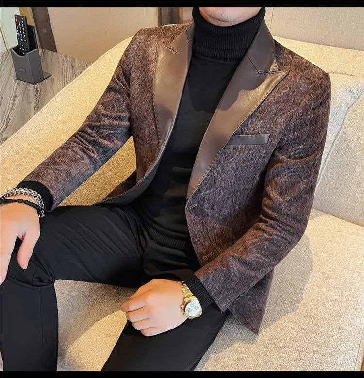 2025 Fashion Leather Neck Spliced Suit Jacket Luxury Men's Business Slim Fit Social Formal Blazers Coats Wedding Groom Tuxedos