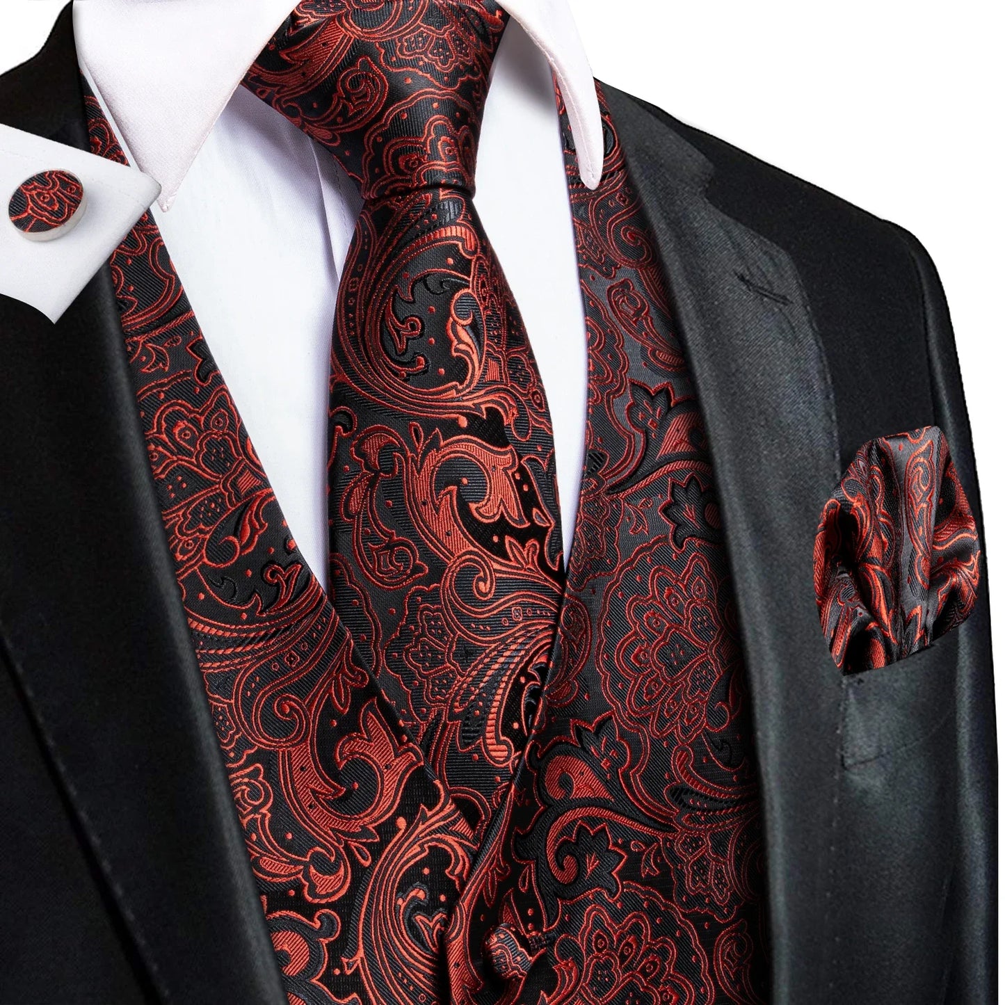 Formal Rose Pattern Paisley Plain Solid Mens Vest Party Wedding Waistcoat Pocket Square Tie  Hankie Suit Set