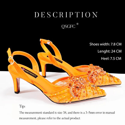 Italian Design Rhinestones and Coral Stones Ladies Party Shoes High Heels Pointed Toe Coffee Color Women's Shoes