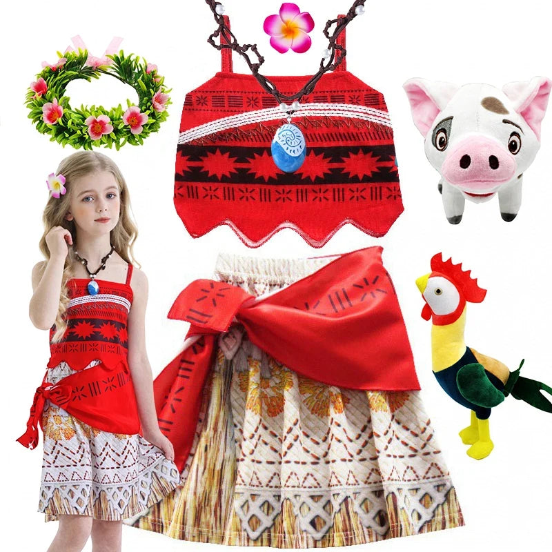 Princess Vaiana Fantasy Children Cosplay Moana Summer Girls Carnival Dress Kids Clothes Set Party Christmas Moana Costume