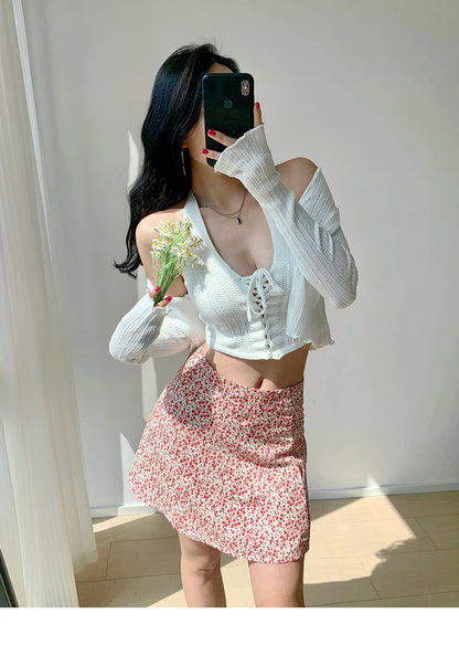2024 Summer New Retro Vacation Style Small Floral Half Skirt High Waisted Wrap Buttocks Elegant Sweet Slim Short Skirt 06AH