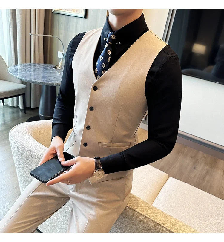 ( Vest + Pants) Men Luxury High Quality Business Suit Vest 2 pieces Formal Groom Wedding Dress Vest Set Fashion Club Clothing