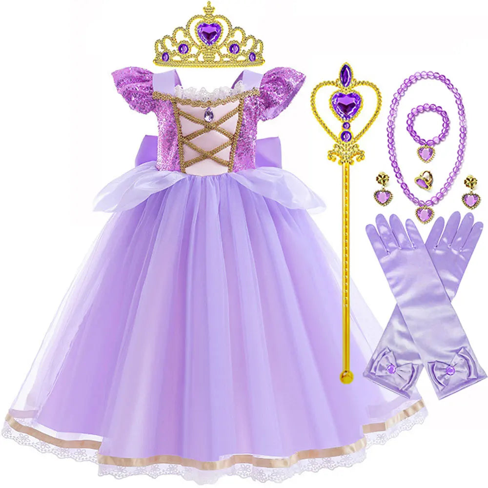 Rapunzel Short Sleeve Purple Puffy Dress + Accessories Girls Cosplay Rapunzel Summer Casual Dress Birthday Party Gift