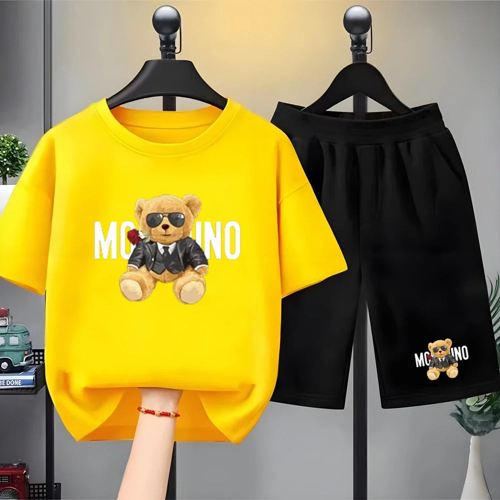 Fashion Letter Bear Print Children Summer Clothing Tshirt+Shorts Black Boy Girl Red Toddler 3-12Yrs Leisure Short-Sleeved Set