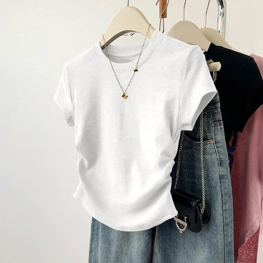Summer Slim Fit Top for Women Casual Threaded Waist Cinched U-Shaped Hem Short Sleeve Irregular Hemline Women's Clothing