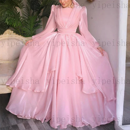 Customized Pink Evening Dresses square collar Full Sleeve Tiered Ruffles organza A-Line Prom Gown Simple Long Dubai Dress