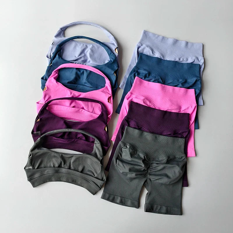 Sexy Halter Neck Beautiful Back High Waist Peach Sports Bras Shorts Suit Pilates Gathering Yoga Vest Training Fitness Bra Sets