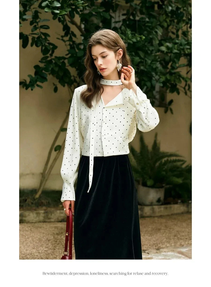 Woman Chiffon Blouse French Style 2026 Spring Elegant Polka Dot Ladies Top Bow Tie Neck Long Sleeve Shirts O58CC002535