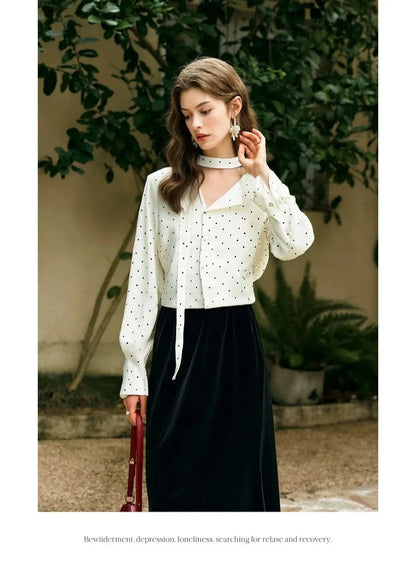 Woman Chiffon Blouse French Style 2026 Spring Elegant Polka Dot Ladies Top Bow Tie Neck Long Sleeve Shirts O58CC002535