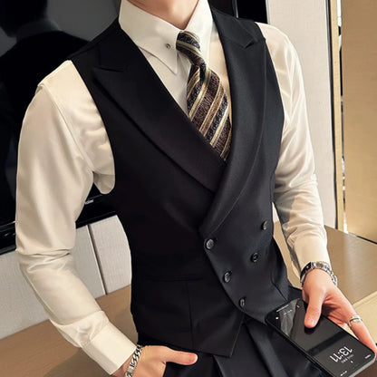 Men Vest Black With Lapel Solid Double Button Waistcoat For Wedding Groom Banquet Business Casual Work Daily Men Suit Vest
